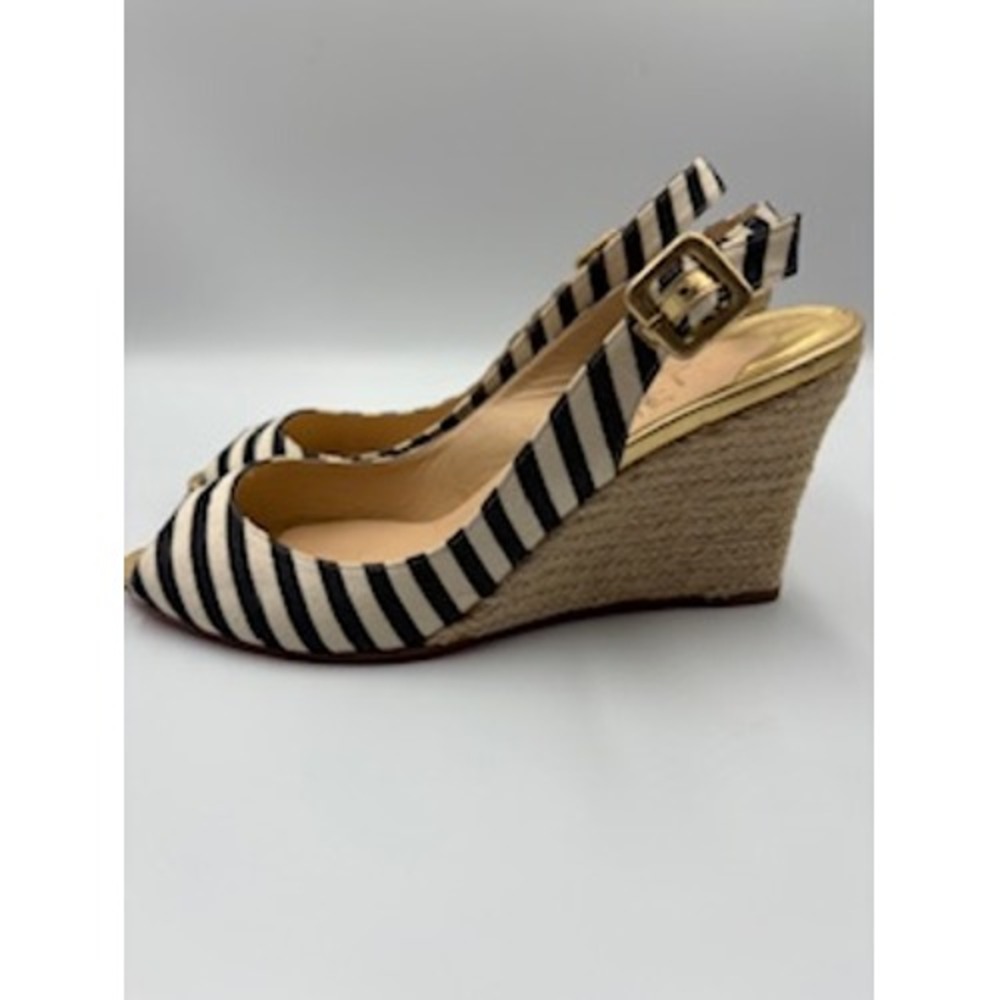 Christian Louboutin Espadrille Wedges Navy White Striped Gold Slingback 41‎